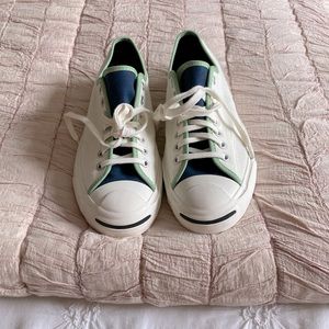 Brand new customized Converse. Jack Purcell. Blue tongue with green trim.